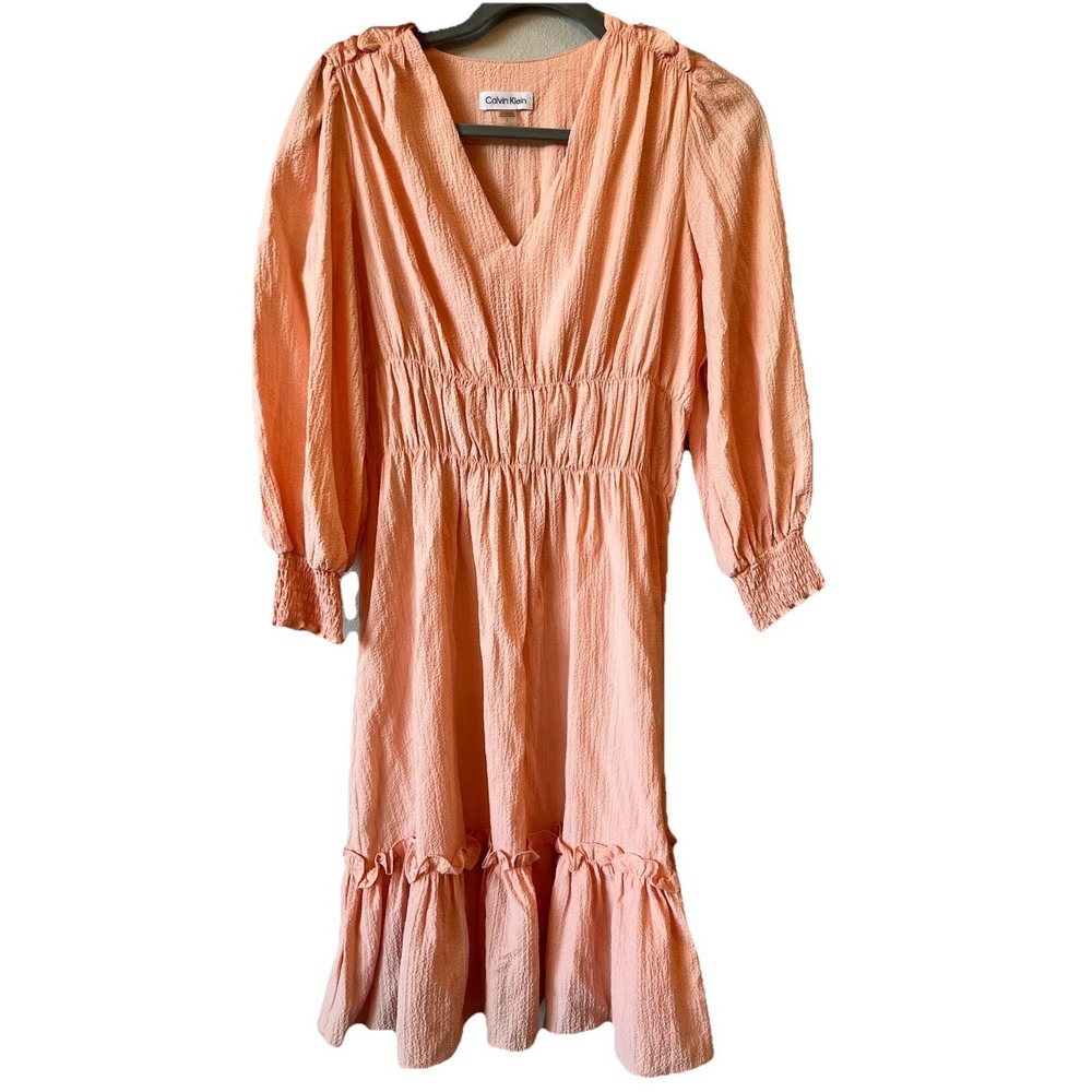 CALVIN KLEIN Peach Textured Ruffle Dress 3/4 Sleeve Fit‎ & Flare Size 2 $134